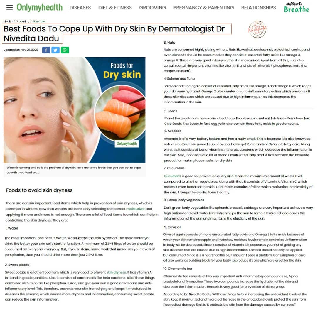 Best foods to cope up with dry skin by dermatologist Dr. Nivedita Dadu